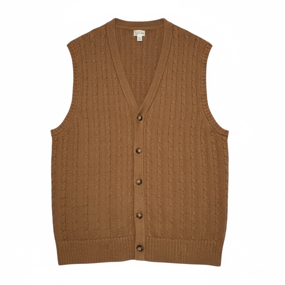 J.Crew Heritage Cotton Cable-Knit Cardigan Sweater Vest Brown Camel Men Sz XL